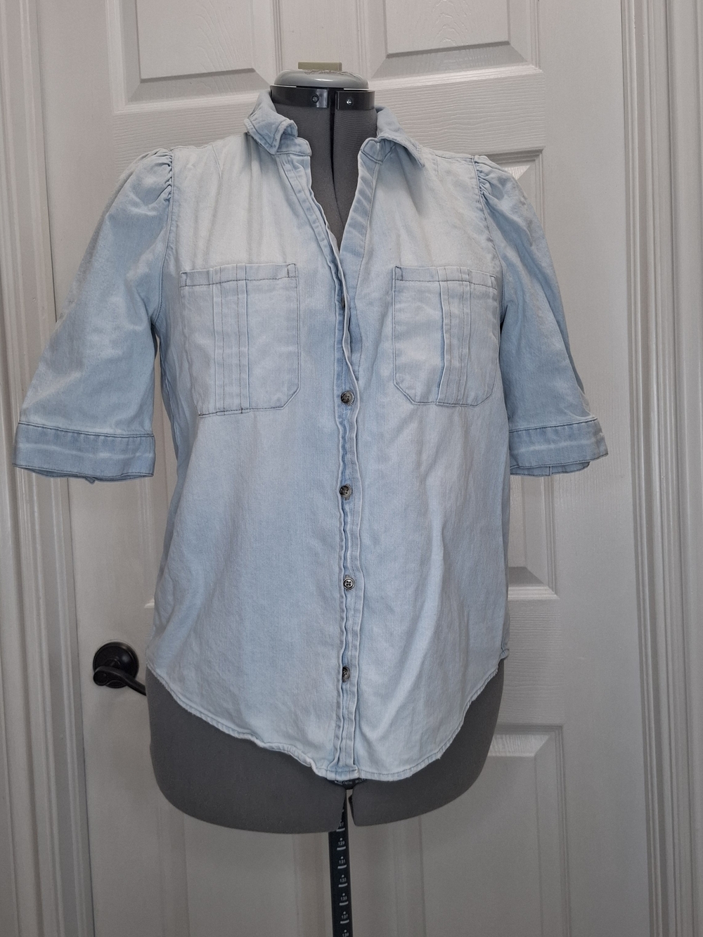 Democracy Light Blue Denim Button-Up with Short Puff Sleeves